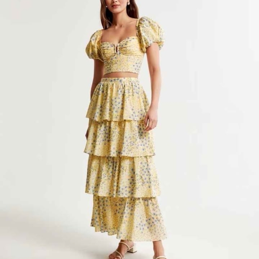 Abercrombie & Fitch Yellow Floral Tiered Maxi Dress